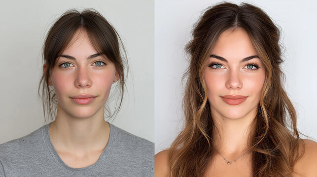 A split-screen comparison shows a young woman with natural makeup and simple hair on the left, transformed with glamorous makeup and styled wavy hair on the right.