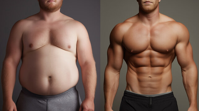 A stark before-and-after comparison displays a man's significant body transformation from overweight with a soft physique to extremely muscular with defined abs and chest.