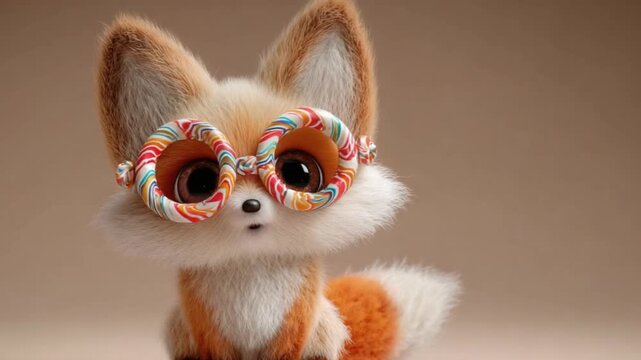 Cute animated fox character wearing colorful candy glasses moving its mouth in a stylized digital 4k video motion sequence loop
