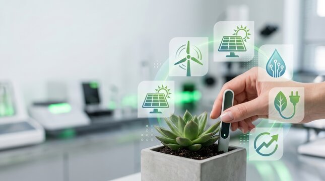 Smart plant sensor monitoring soil moisture, sustainable agriculture technology, renewable energy icons, solar wind power, eco-friendly gardening innovation, green future concept