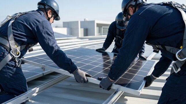 Workers installing solar panels on roof, construction team mounting photovoltaic modules, renewable energy infrastructure project, safety gear and helmets, sustainable power