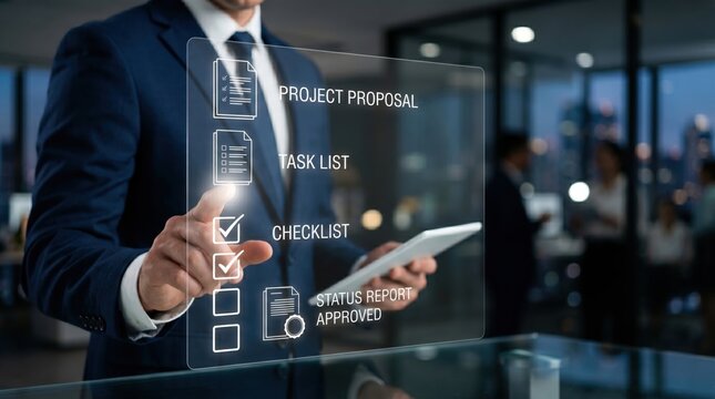 Businessman in suit using futuristic holographic interface for project proposal, task list, checklist and status report approval in modern office with city view background,
