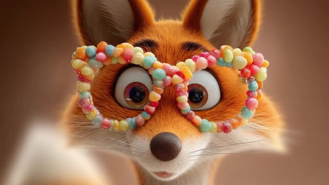 Cute animated fox wearing colorful candy glasses blinking its large eyes in a charming and playful cinematic 4k video sequence