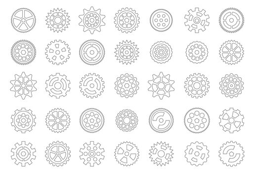 Set of gear outlines arranged in a grid, differing tooth counts and hole patterns, line art vector drawings.