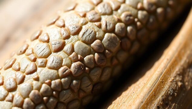 Close up macro shot of a dried corn cob showing its textured kernels.