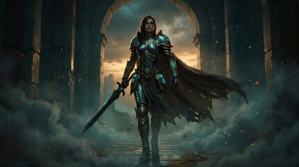 Fototapeta premium A warrior stands heroically holding a sword in a mystical foggy environment with an ancient stone archway behind him.