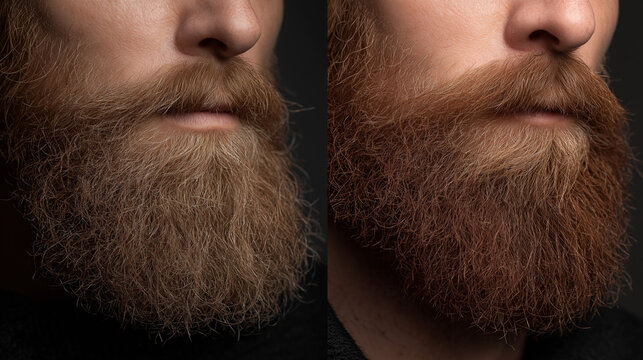 A close-up side-by-side comparison of a man's beard shows a rougher texture on the left and a well-groomed, conditioned appearance on the right.
