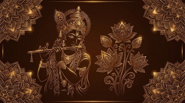 Hindu religion God Sri Krishna, traditional Indian folk art Madhubani or Pichwai type art