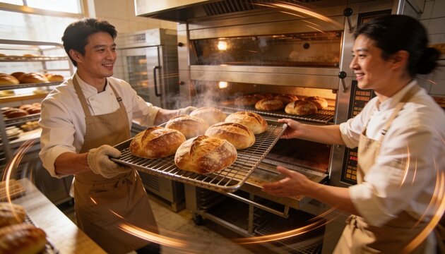 Pulling bakers in white jackets, beige aprons lifting tray with six loaves by ovens, steam rising