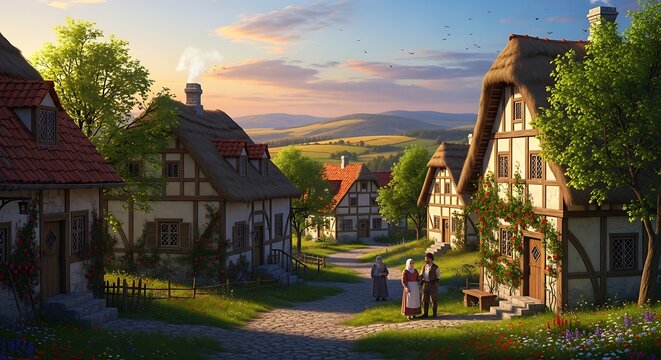 Charming Medieval Village Houses Glowing at Sunset in Rolling Countryside