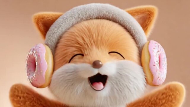 Cute fox character wearing donut headphones laughing and moving in a cheerful animated sequence for high quality digital content