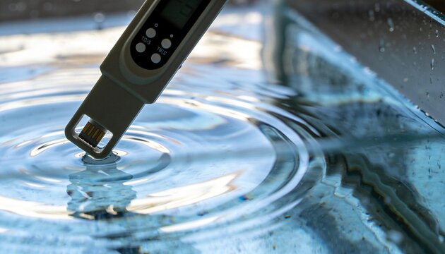 Measuring handheld TDS meter probe touching water in glass container, ripples, drops, copy space