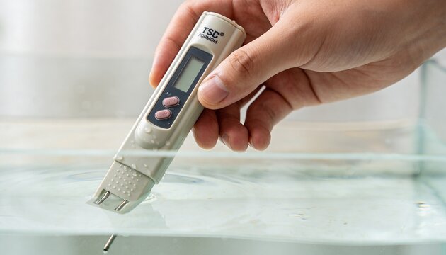 Holding adult hand testing clear water in glass container with handheld meter showing metal probe