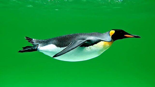 Graceful Emperor Penguin Swimming Underwater in Green Waters, Showcasing Unique Features and Aquatic Behavior