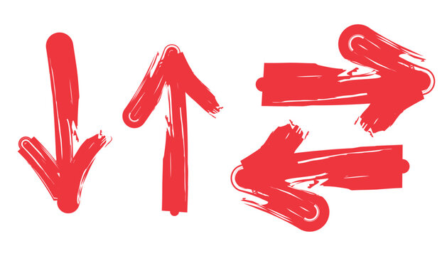 Set of hand drawn red brush stroke arrows on transparent background.