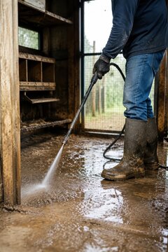 A person cleans a muddy chicken coop floor using a power water sprayer. This represents biosecurity measures to prevent salmonella outbreaks. Ideal for agricultural safety articles.