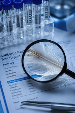 A magnifying glass examines a feather over an avian antibiotic test report next to lab vials. Scientific research into bird flu or salmonella. Used for medical or veterinary news articles.