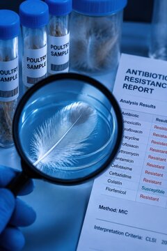 Hand holding magnifying glass over poultry feather near resistance report and samples. Scientific study of salmonella outbreaks and drug resistance. Use for food safety and health articles.