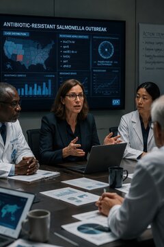 Scientists discuss an antibiotic resistant salmonella outbreak in a meeting room. The atmosphere is serious as they analyze data charts. Ideal for healthcare and public safety news content.