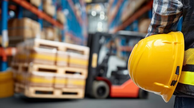 Worker holding yellow safety helmet in warehouse with forklift and pallet