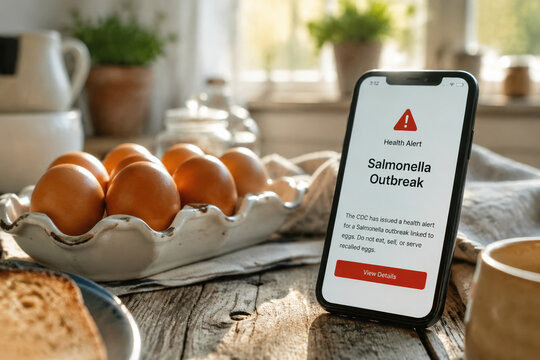 Smartphone showing Salmonella health alert next to brown eggs. Concept food safety and contamination warning. Ideal news articles about food recalls and public health notices.