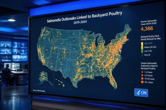 Digital map displaying Salmonella outbreaks linked to backyard poultry across the United States. Data visualization for public health awareness. Useful for news and medical reporting.