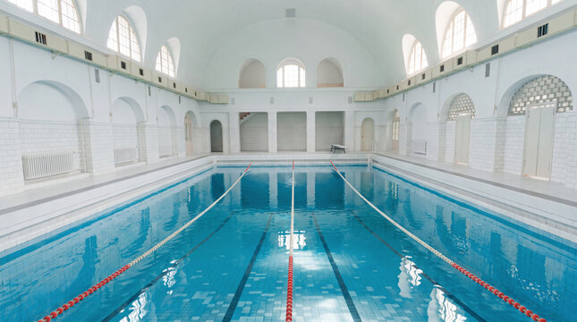 Eine prachtvolles, restauriertes, historisches Schwimmbad aus der deutschen Kaiserzeit mit einem randvoll gef&uuml;llten Becken kristallklaren t&uuml;rkisblauen Wassers