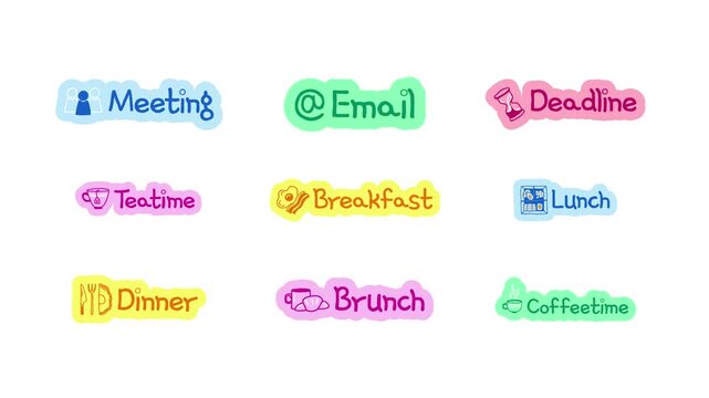 Daily doodle stickers animation pack. Office meeting and meals schedule. Digital everyday planner. Hand drawn color icons in stop motion. Animated journal elements collection on transparent background