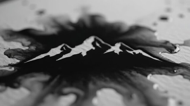 Striking abstract art features dramatic black ink splattering outwards, forming jagged mountain peaks suggestive of a powerful, untamed natural landscape creating a visually captivating and bold