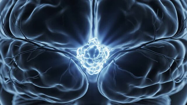 Close up view of glowing electric energy pulsing within a human brain, representing neural activity, thought processes, and medical research