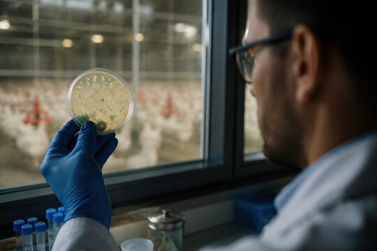 Scientist in blue gloves holding petri dish with bacteria cultures. Monitoring salmonella outbreak at chicken farm facility. Ideal for food safety, agriculture, or medical research articles.