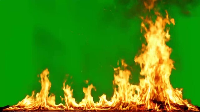 Realistic fire wall burning against green screen chroma key