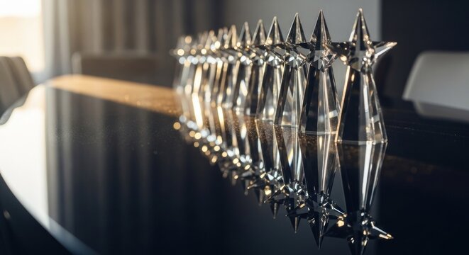 A row of shiny metallic bombs arranged on a dark reflective surface.