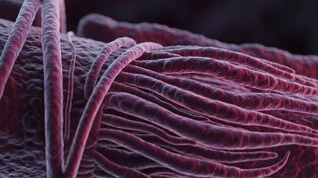 Microscopic view of red collagen fibers intertwined, showing cellular structure and medical research, abstract background