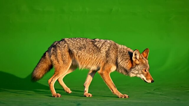 Coyote Walking Gracefully on Bright Green Screen Background for Visual Effects and Wildlife Projects
