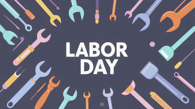 Labor day background with scattered colorful tools surrounding bold centered typography in playful flat design style.