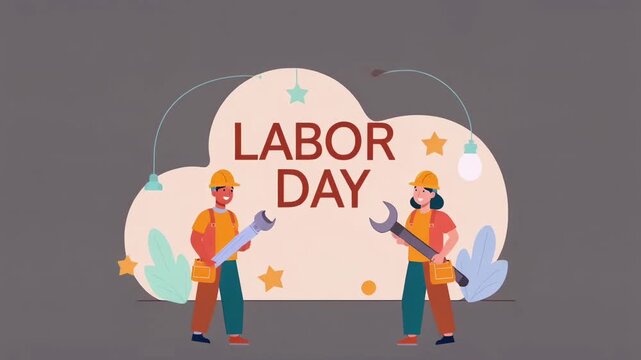 Cute flat design labor day illustration with smiling workers, tools, and soft pastel decorative background.