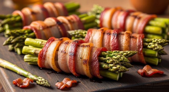 Bacon wrapped asparagus on wooden board. Appetizer with green vegetable and salty meat. Tasty culinary dish for holiday dinner or festive party. Homemade food snack concept.