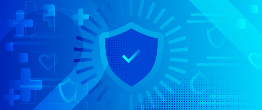 Abstract blue medical insurance gradient background with subtle crosses, circles and cyber security shield guard silhouette. Cybersecurity in healthcare bg for clinics and modern medical presentations