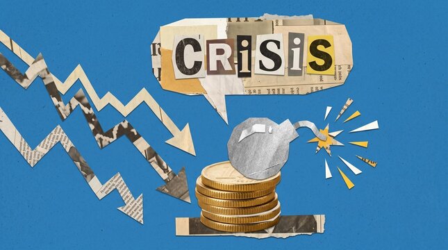 Economic crisis concept with falling arrow, coins, and exploding bomb illustration