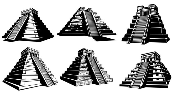 Ancient Mayan Pyramids and Temples Vector Illustration Set.