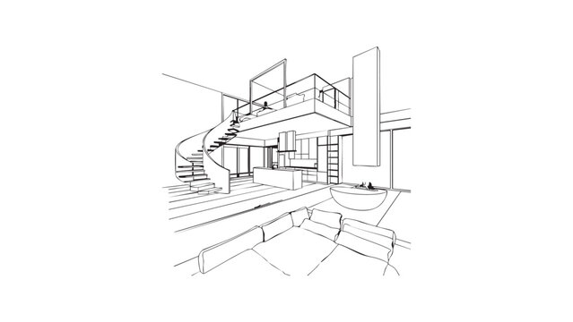 Architectural sketch of a modern house interior with spiral staircase against transparent background.