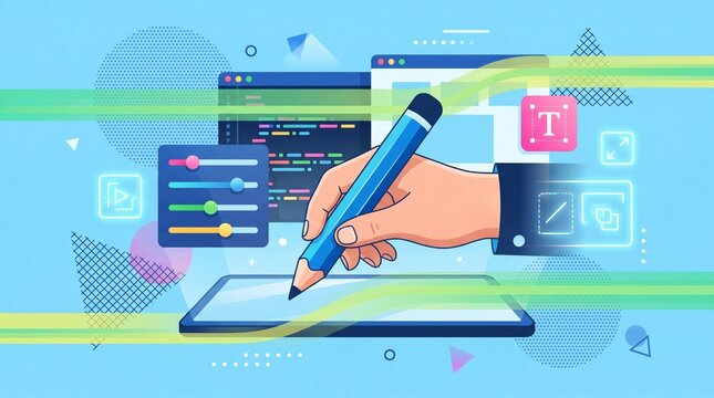 Creative digital design concept with illustration of hand using stylus on tablet