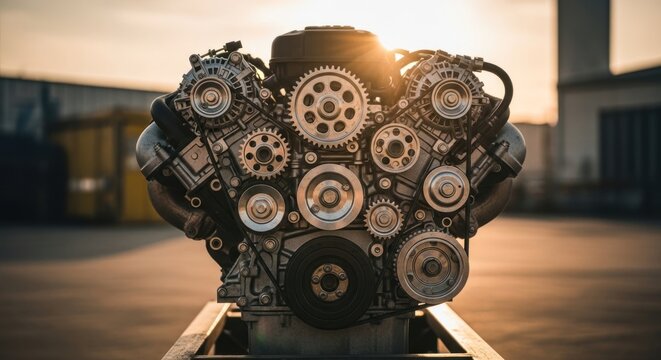 Powerful V8 Engine Displayed Outdoors at Sunset.