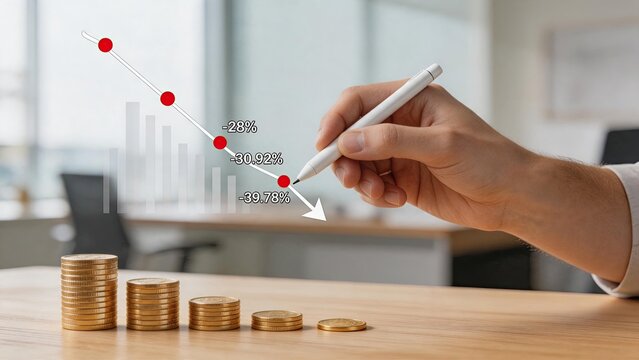 Hand drawing declining graph arrow over stacks of coins, illustrating financial loss, economic recession, market crash and budget deficit concepts.
