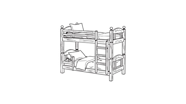 Outline drawing of wooden bunk bed with ladder and pillows.