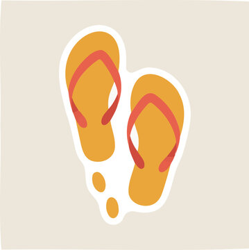 Flat vector sticker design of a pair of bright orange summer flip flops with footprints, isolated on transparent background art