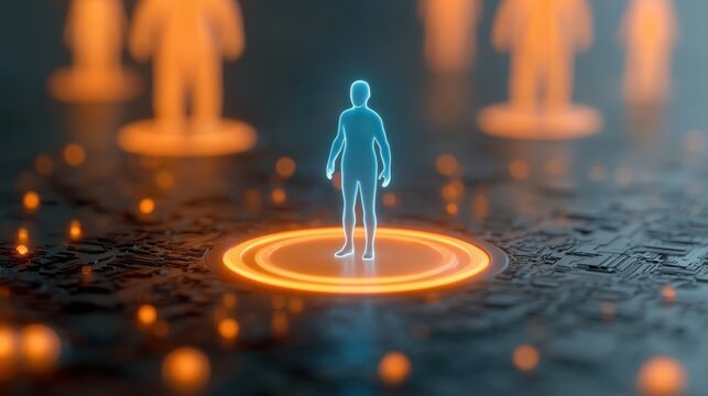 Futuristic digital human figure standing in glowing circular platform with highlighted lighting effect on advanced technology background with circuit board pattern