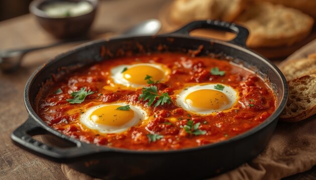 Shakshuka in a cast iron skillet with crusty bread and a side of yogurt tomato sauce middle eastern side dish comfort food photography shakshuka breakfast mediterranean delicious