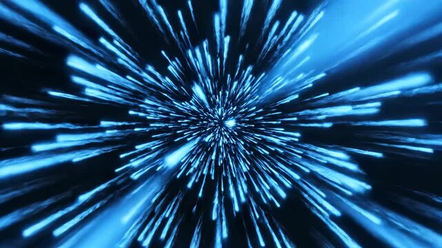 A breathtaking cosmic vortex of luminous blue energy streaks outward across the vast expanse of the universe, generating a profound sense of rapid motion and ethereal beauty for futuristic